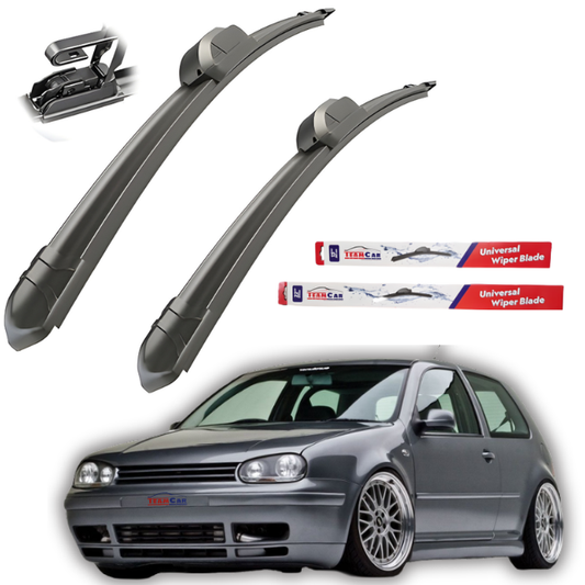 Two car wiper blades with TeamCar packaging and a gray volkswagen golf 4 in the background.