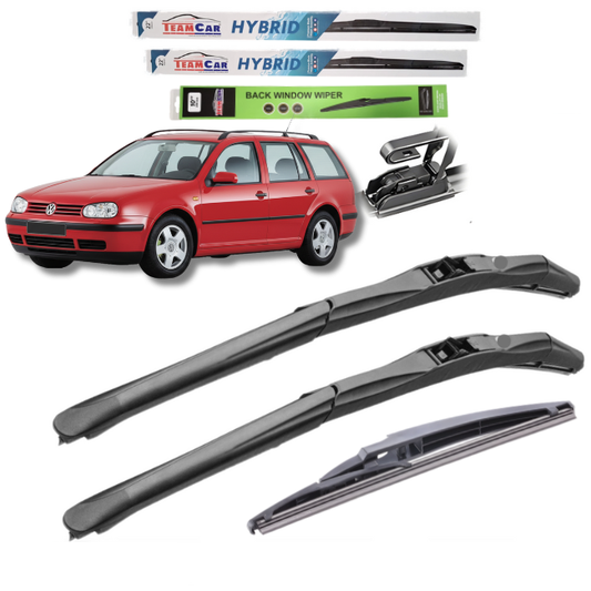Set of car wipers with a red volkswagen golf 4 variant in the background