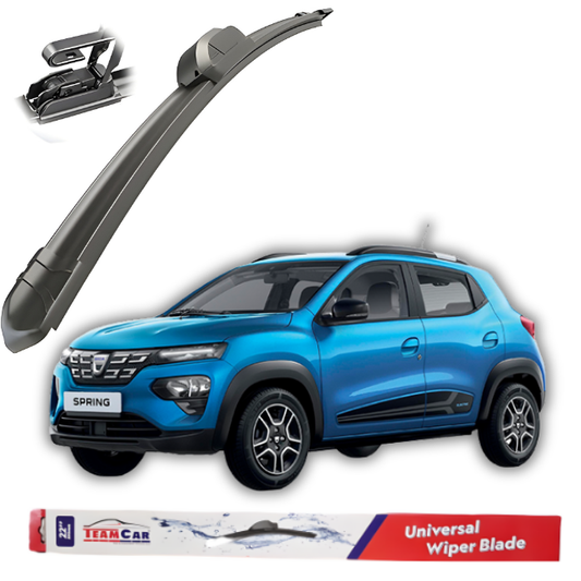 Car wiper blade with a blue Dacia Springand TeamCar packaging on a white background