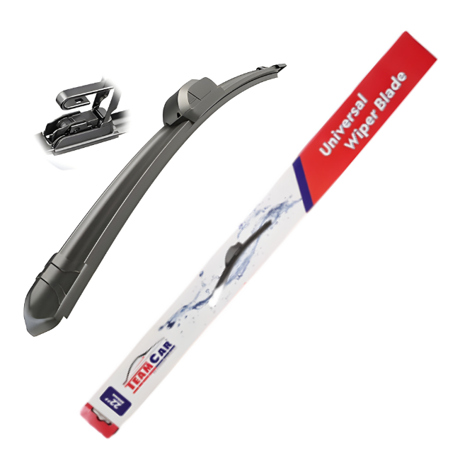 Car wiper blade with a red and white label on a white background