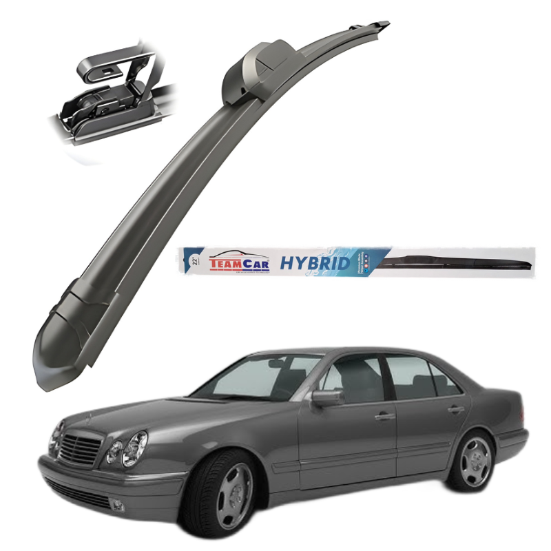 Car wiper blade with a MERCEDES-BENZ E-Class W210 (1995–2002) – Sedan and 'TeamCar Hybrid' branding on a white background