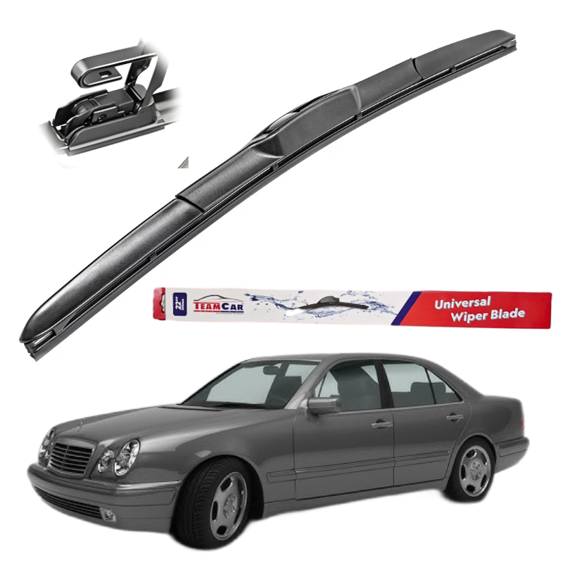 Car wiper blade with a MERCEDES-BENZ E-Class W210 (1995–2002) – Sedan and TeamCar packaging on a white background