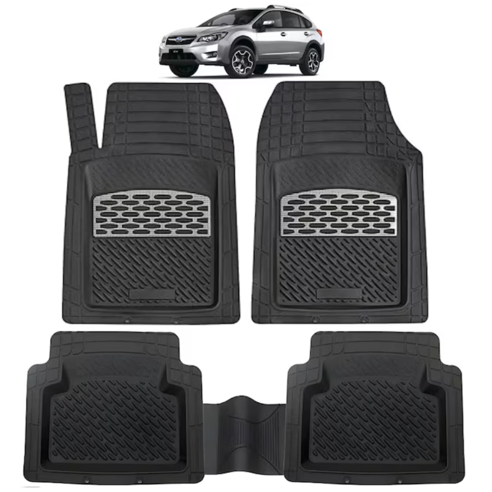 Set of black car floor mats with a silver SUV in the background