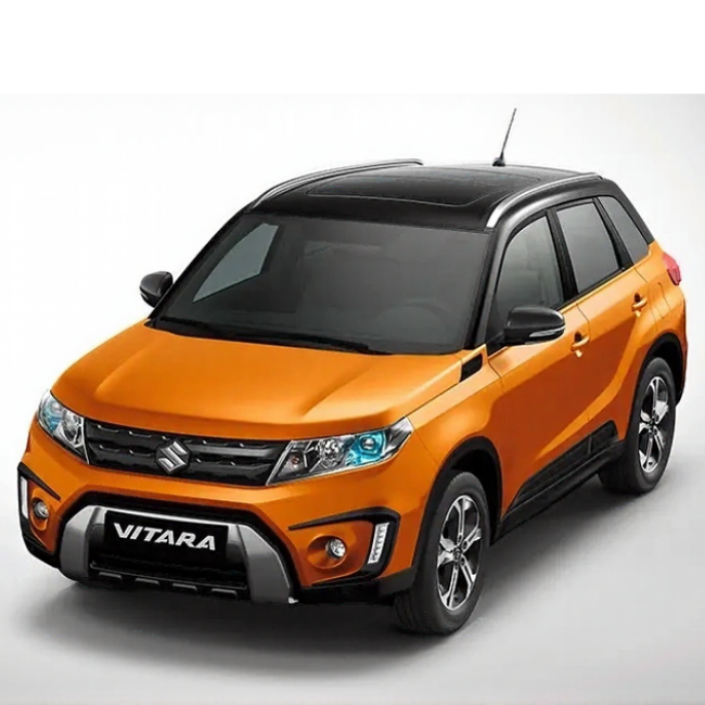 Orange Suzuki Vitara IV SUV with 'Vitara' branding on a white background