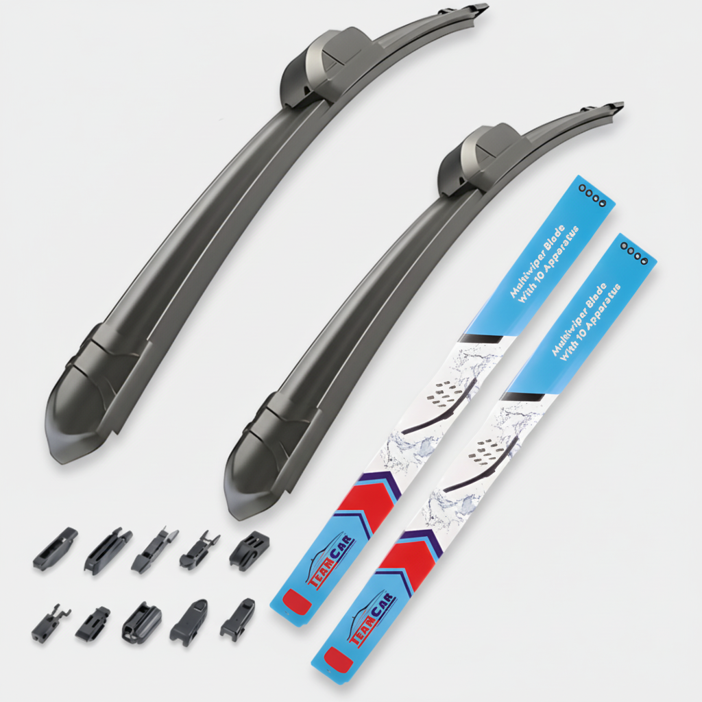 Car wiper blades with additional parts on a white background