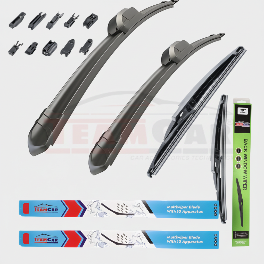 Set of car wiper blades and accessories on a white background with 'TeamCar' branding.
