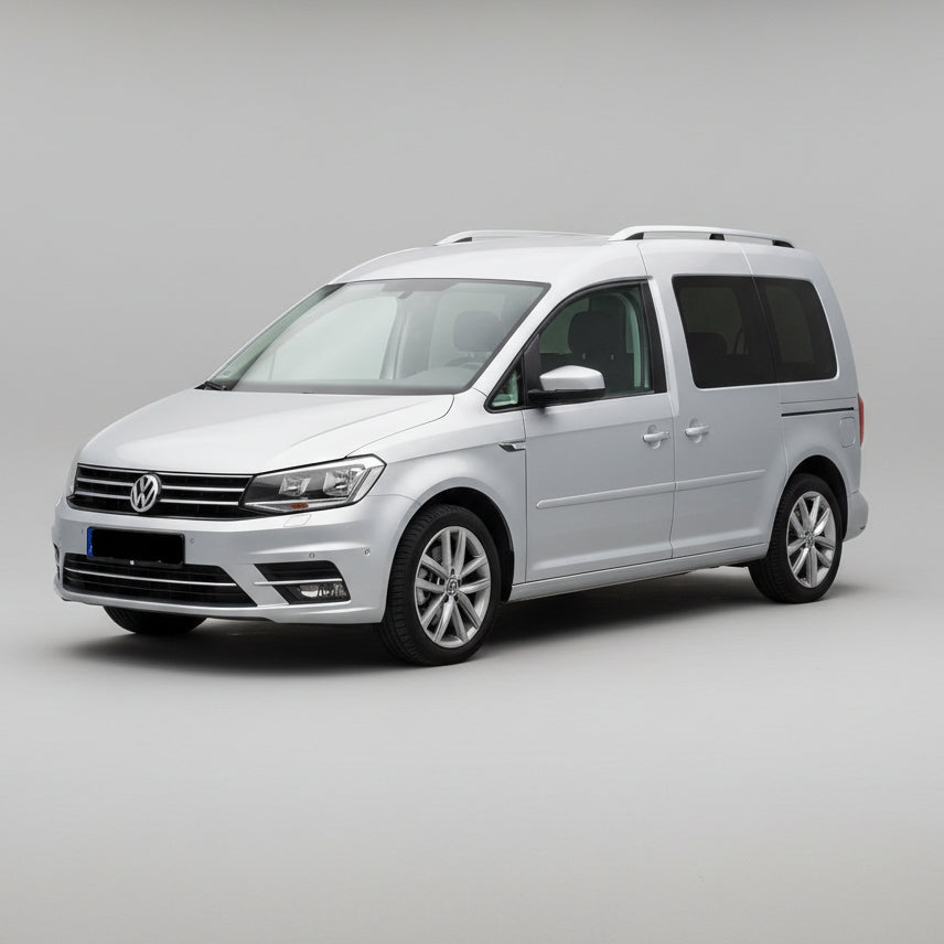 White Volkswagen Caddy IV Kombi (2015–2020) van on a gray background