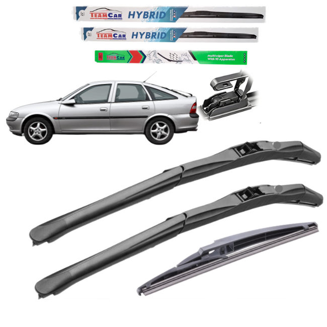 Set of car wipers with a silver Opel Vectra B Hatchback (1995–2002)in the background