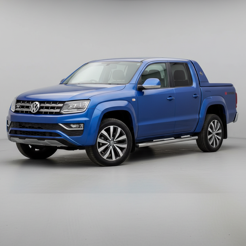 Blue Volkswagen Amarok pickup truck on a white background