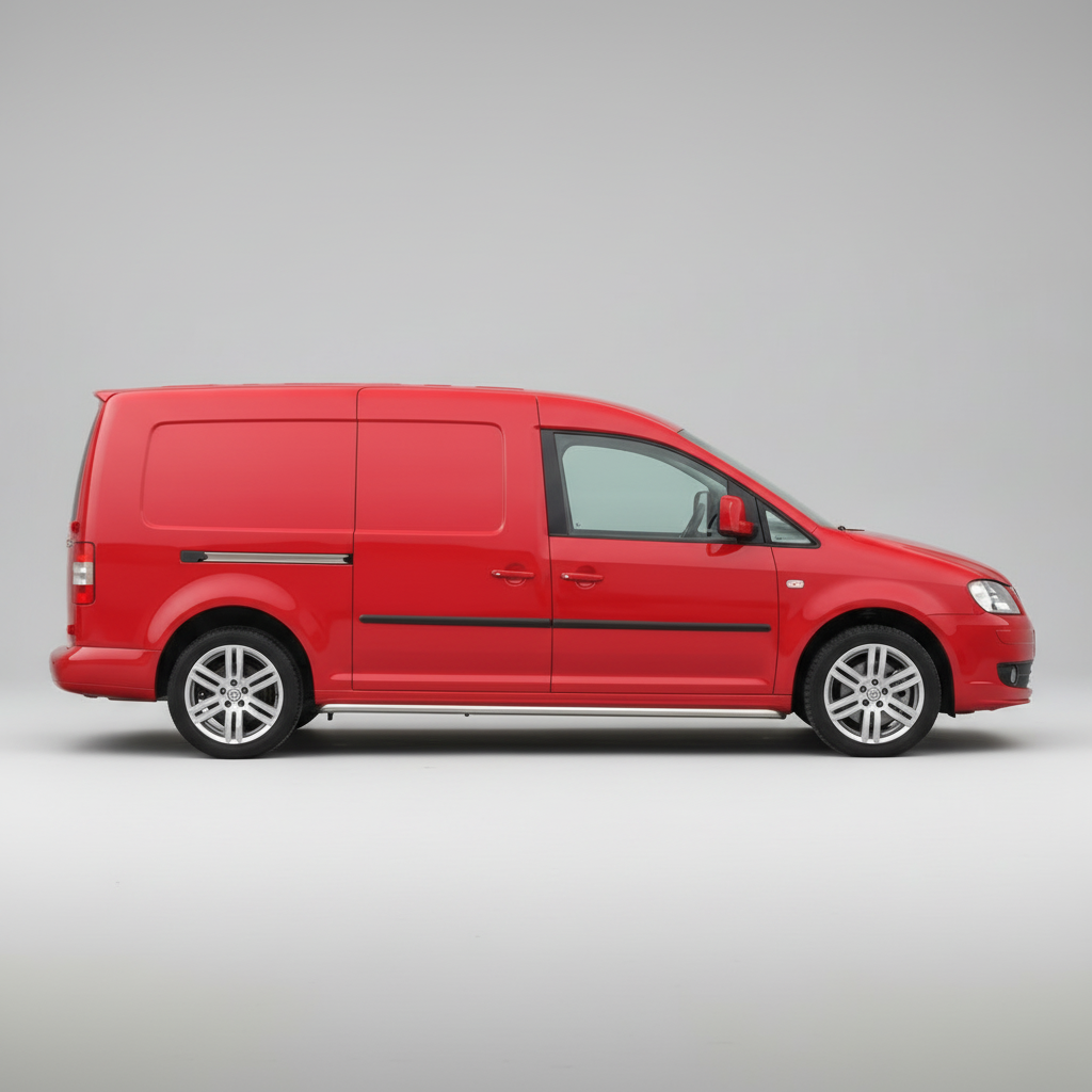 Red Volkswagen Caddy III MAXI (2004–2007) on a gray background