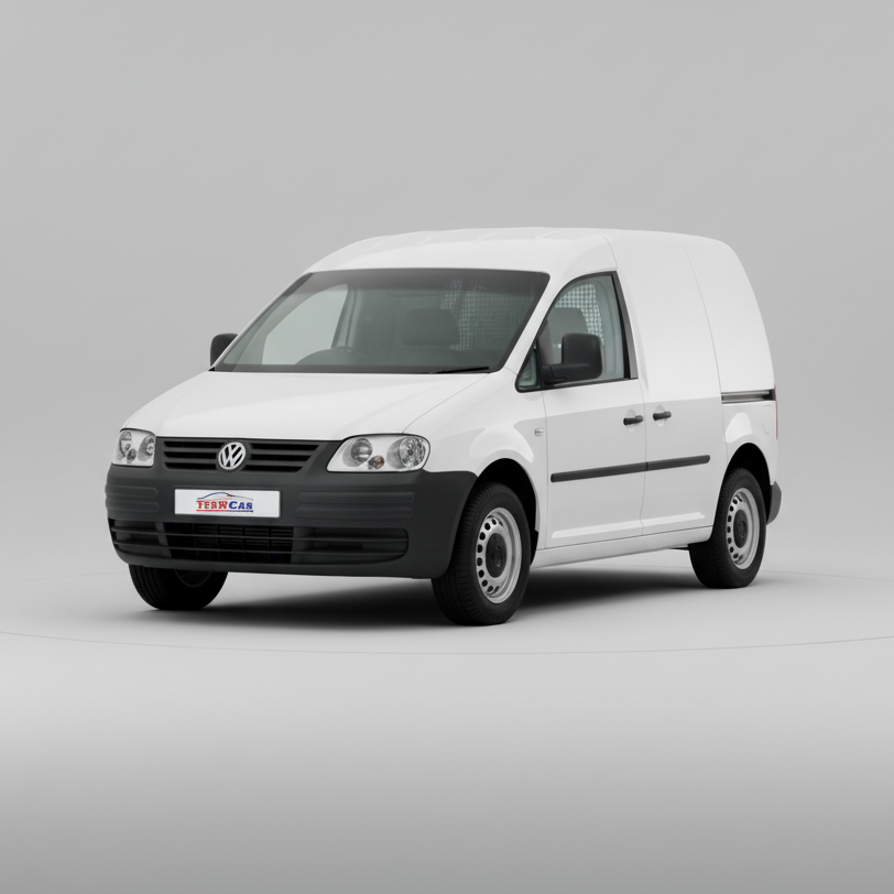 White Volkswagen Caddy III Panel Van (2007–2010) on a gray background