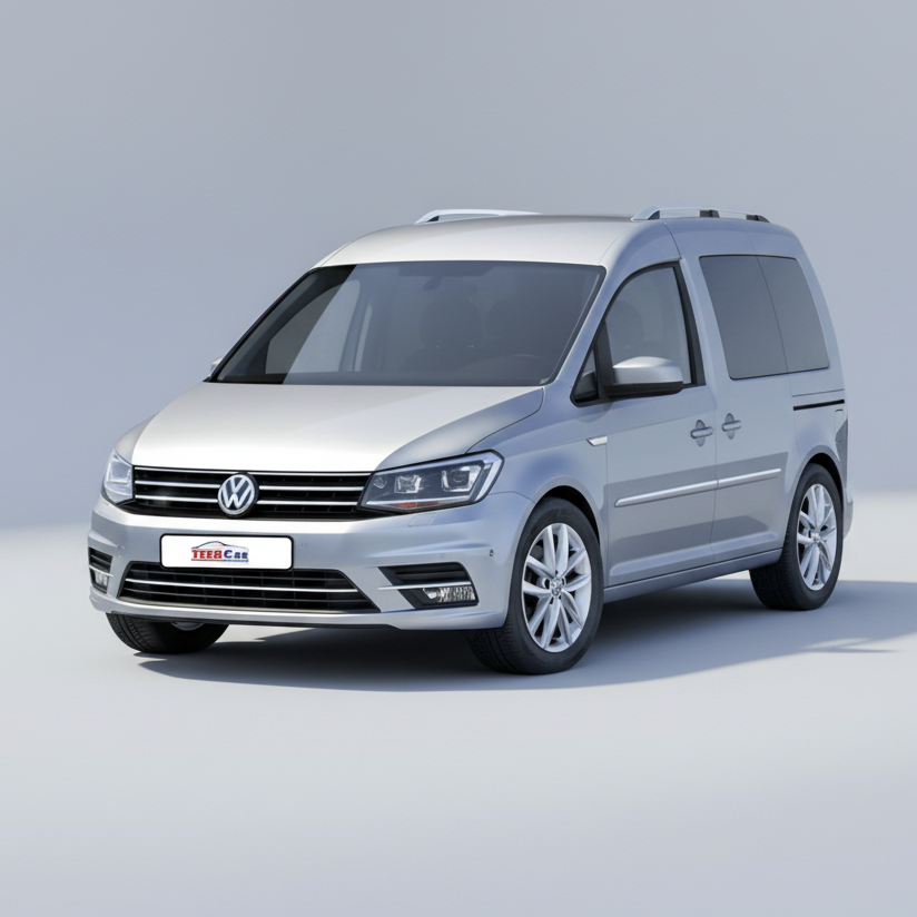 Silver Volkswagen Caddy IV (2015–2020) van on a white background