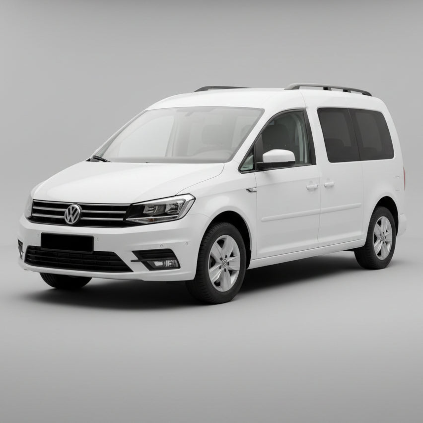 White Volkswagen Caddy IV Maxi Kombi (2015–2020) van on a gray background