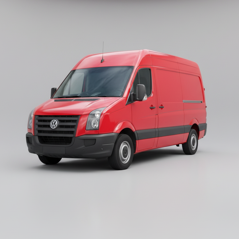 Red Volkswagen Crafter (2E) 2006-2016 van with black accents on a white background