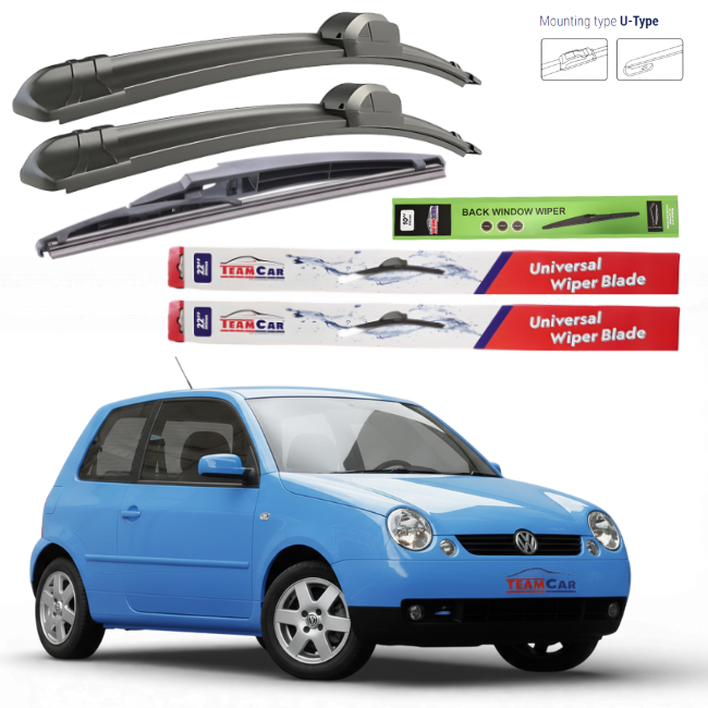 Set of car wiper blades with a blue Volkswagen Lupo (6X1, 6E1) HATCHBACK 1998-2003 in the foreground