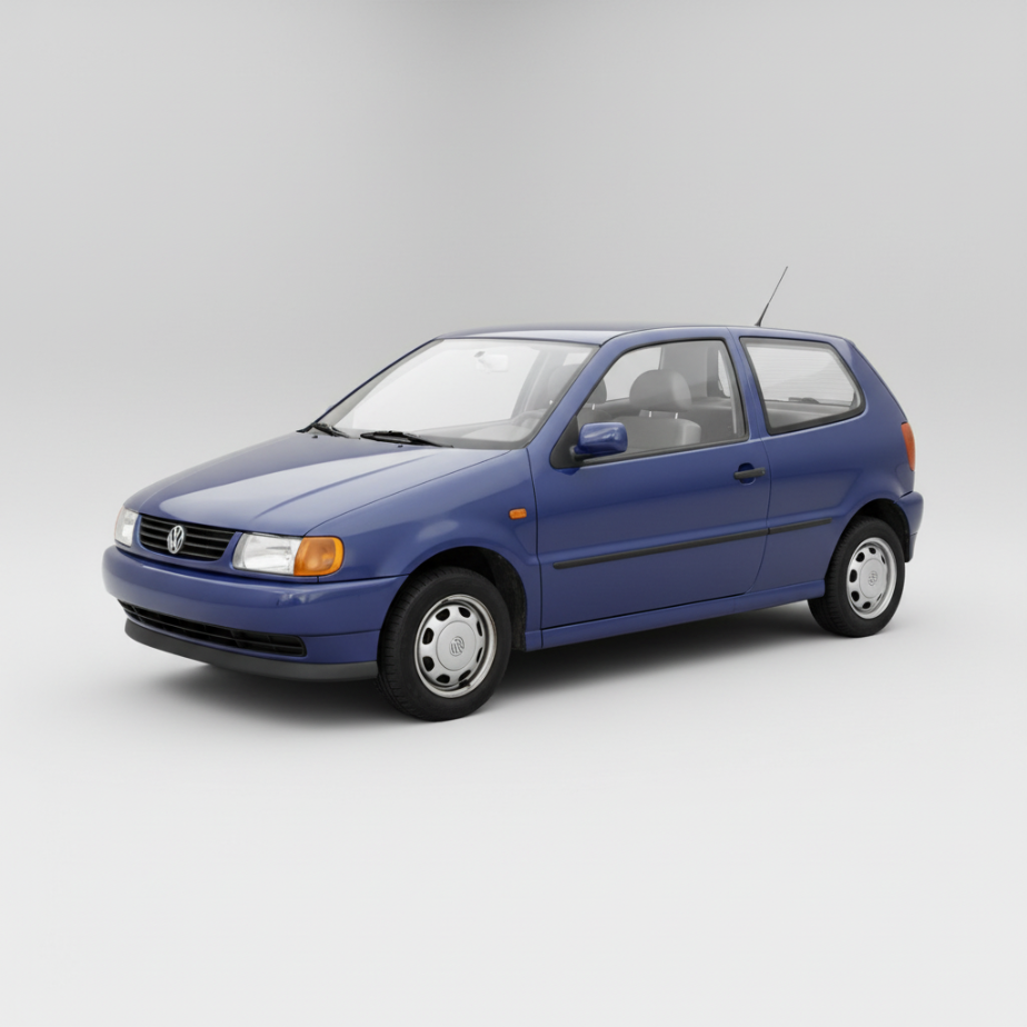 Blue Volkswagen Polo car on a gray background