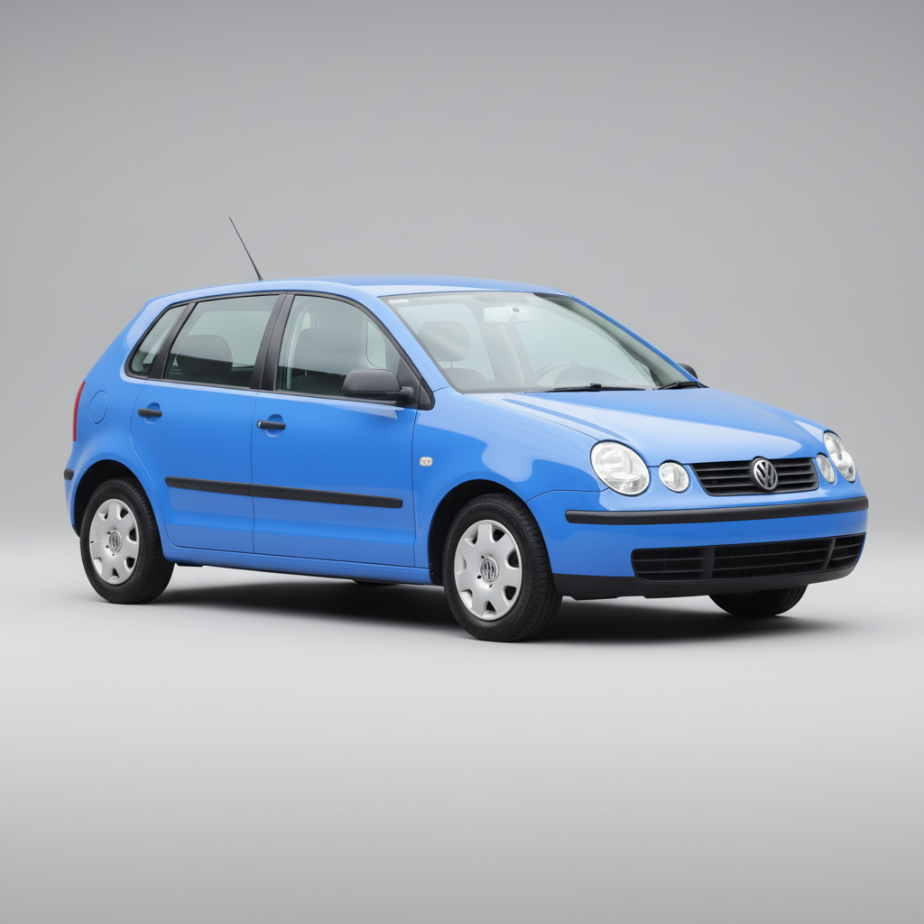Blue Volkswagen Polo car on a white background