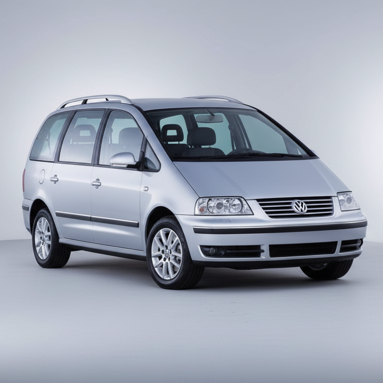 Silver Volkswagen Sharan (7M9, 7M6) 2001-2010 minivan on a white background