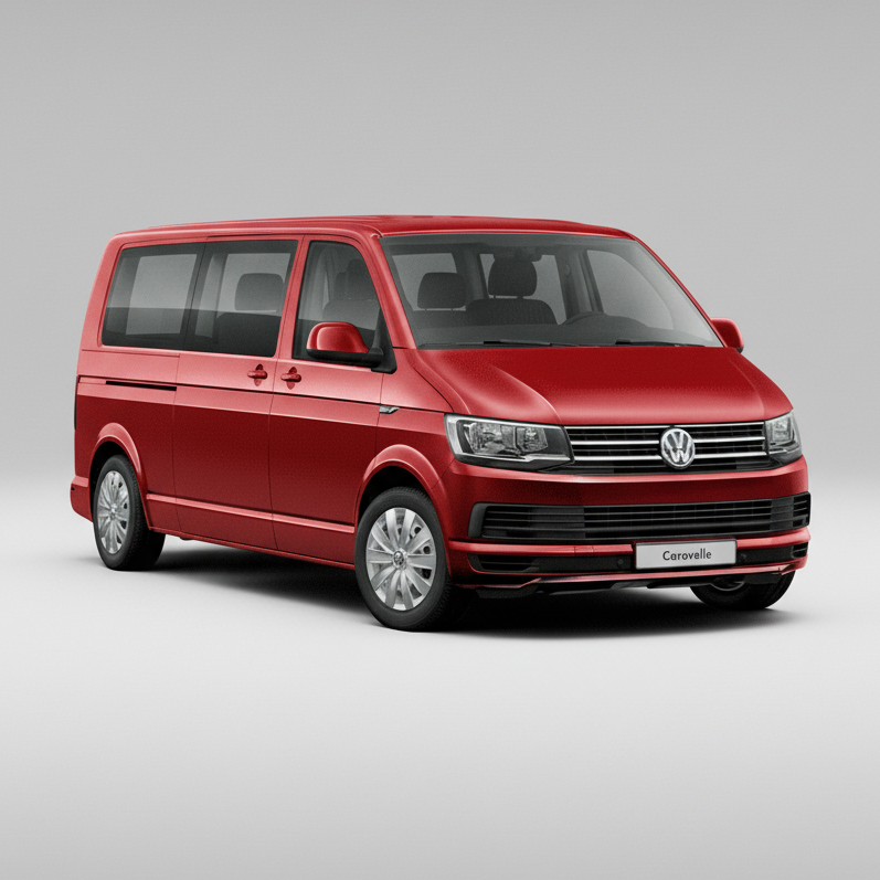 Red Volkswagen T5 Transporter Caravelle 2010–2015 van on a transparent background