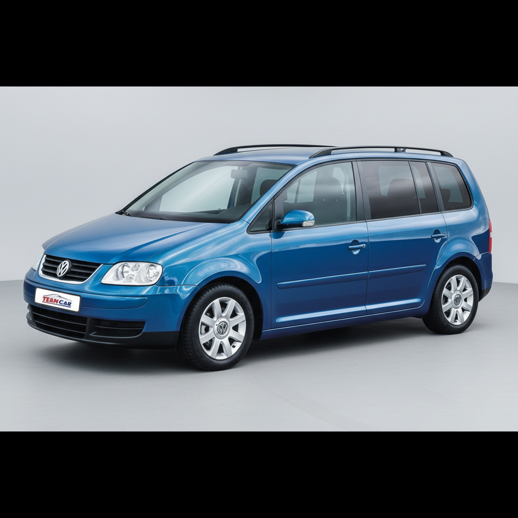 Blue Volkswagen Touran car on a white background
