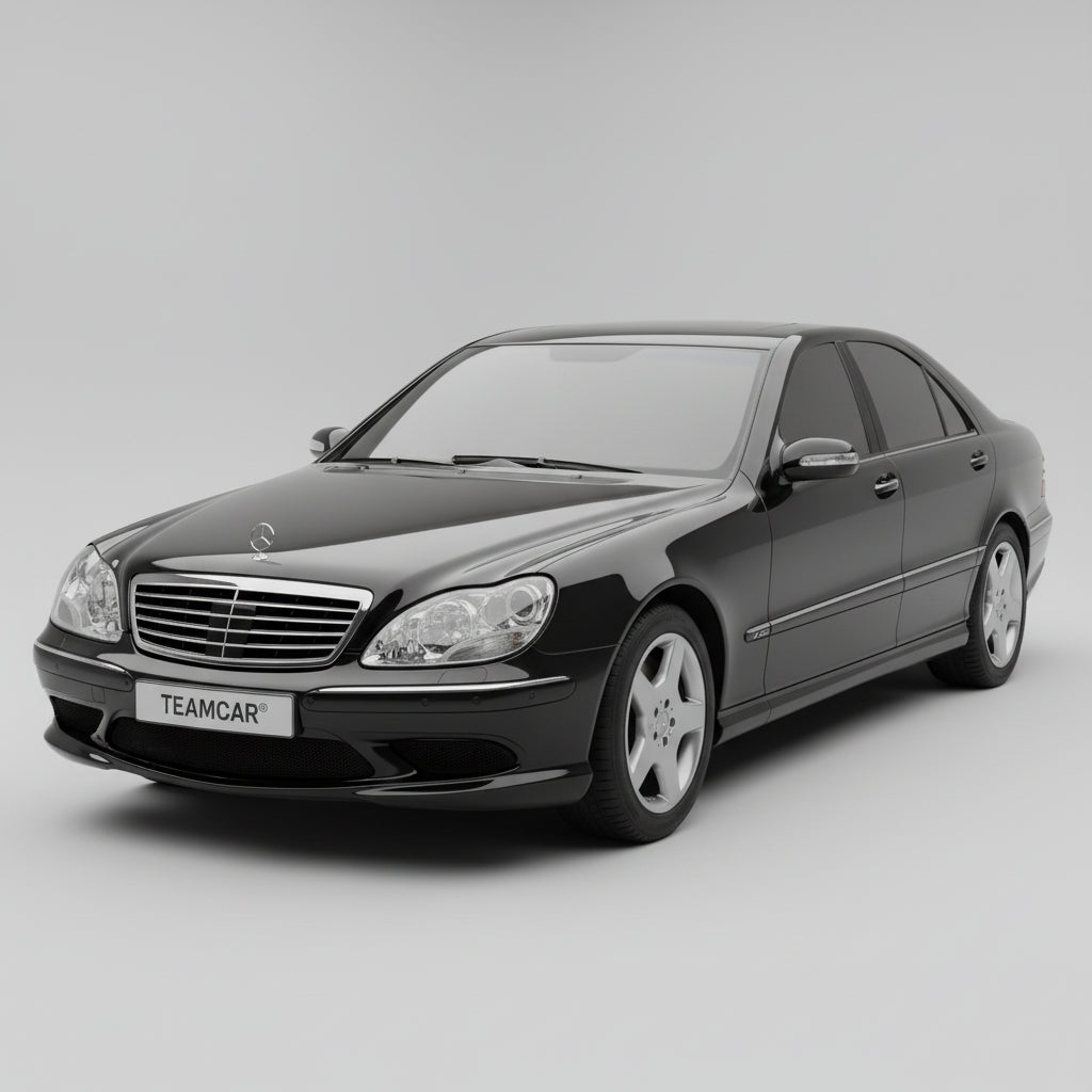 Black Mercedes-Benz car on a gray background with 'TEAMCAR' branding.