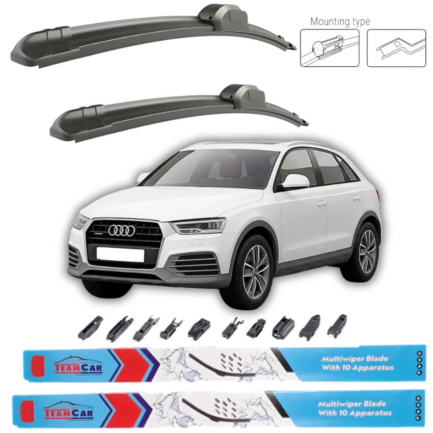 Car wiper blades with mounting type illustration and a white Audi car in the background.