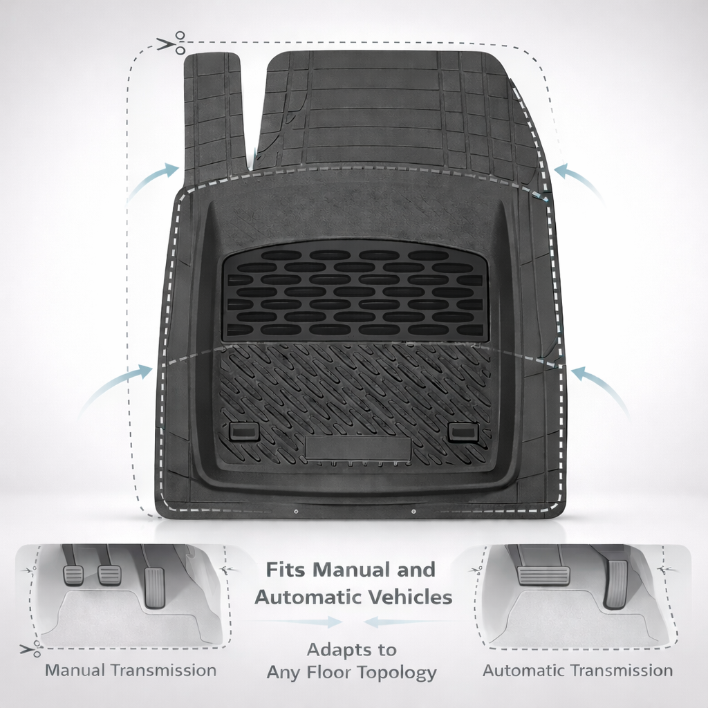 Covoraș auto cu text care indică compatibilitatea pentru vehicule cu cutie manuală și automată.