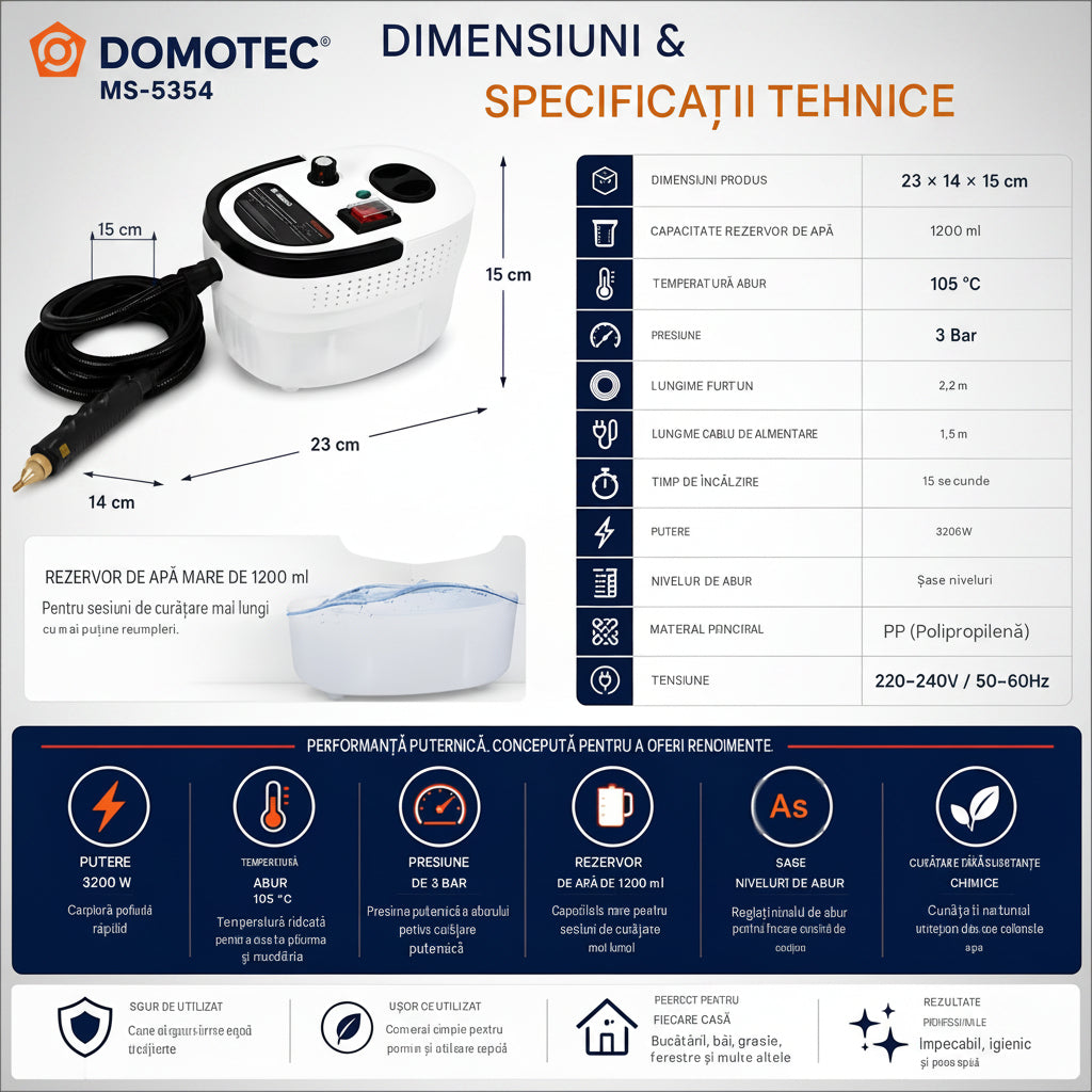 Aparatul portabil de curățat cu aburi Domotec® Premium Version (3200W), dimenmsiuni și specificații tehnice.