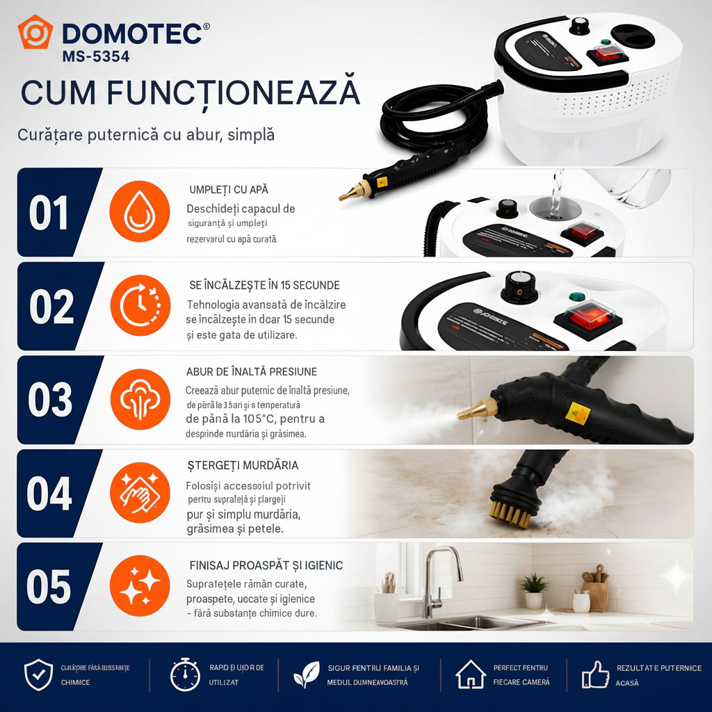 Cum funcționează Aparatul portabil de curățat cu aburi Domotec® Premium Version (3200W)