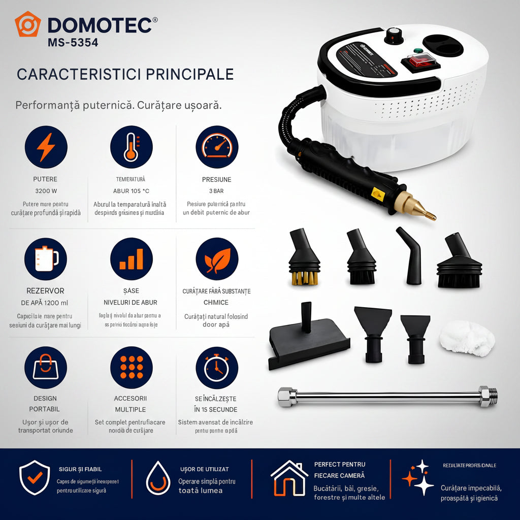 Aparatul portabil de curățat cu aburi Domotec® Premium Version (3200W), caracteristici principale.