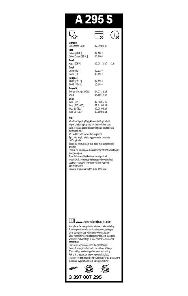 Eticheta Bosch A295S cu aplicatii auto, nota KUR pentru Kuga I si codul 3 397 007 295