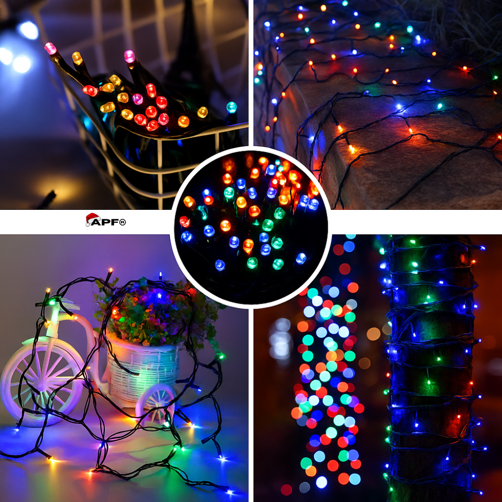 Multicolored string lights displayed in various settings with a close-up of the lights.