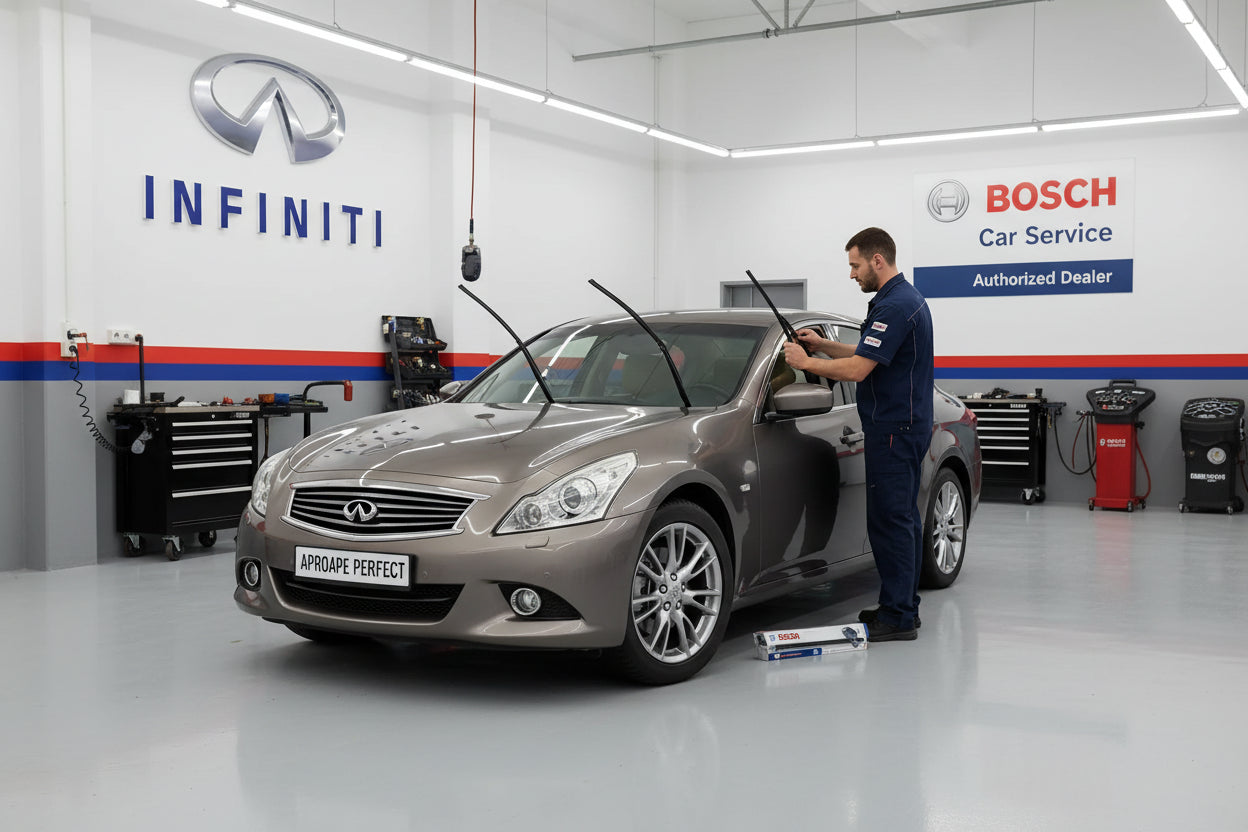 Schimbare Set 2 Ștergătoare Parbriz Bosch Aerotwin Retrofit AR653S la Infiniti G (2007–2013) – 650 mm + 400 mm | Prindere Tip Cârlig (J-Hook)