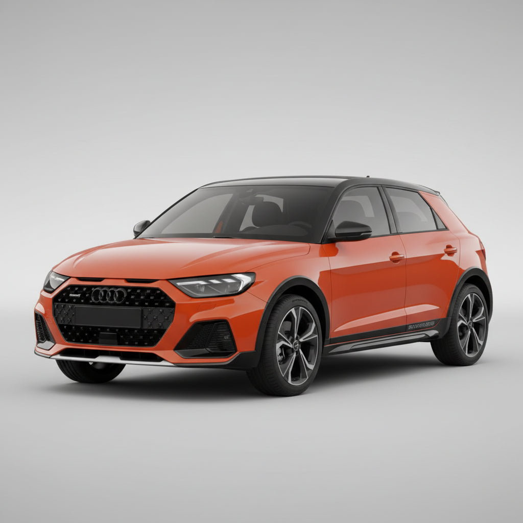 Orange Audi SUV on a road with a blurred background