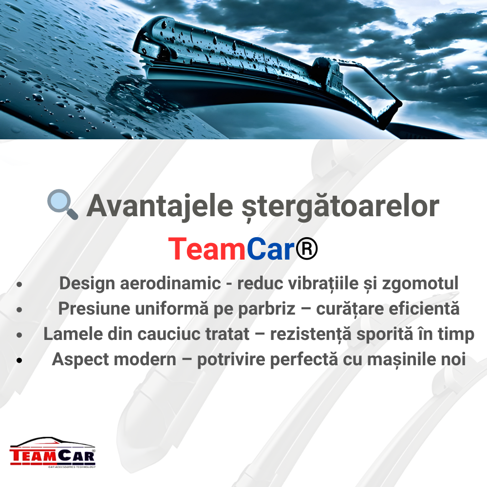 Advertisement for TeamCar windshield wipers with a car window and wiper blade in the background.