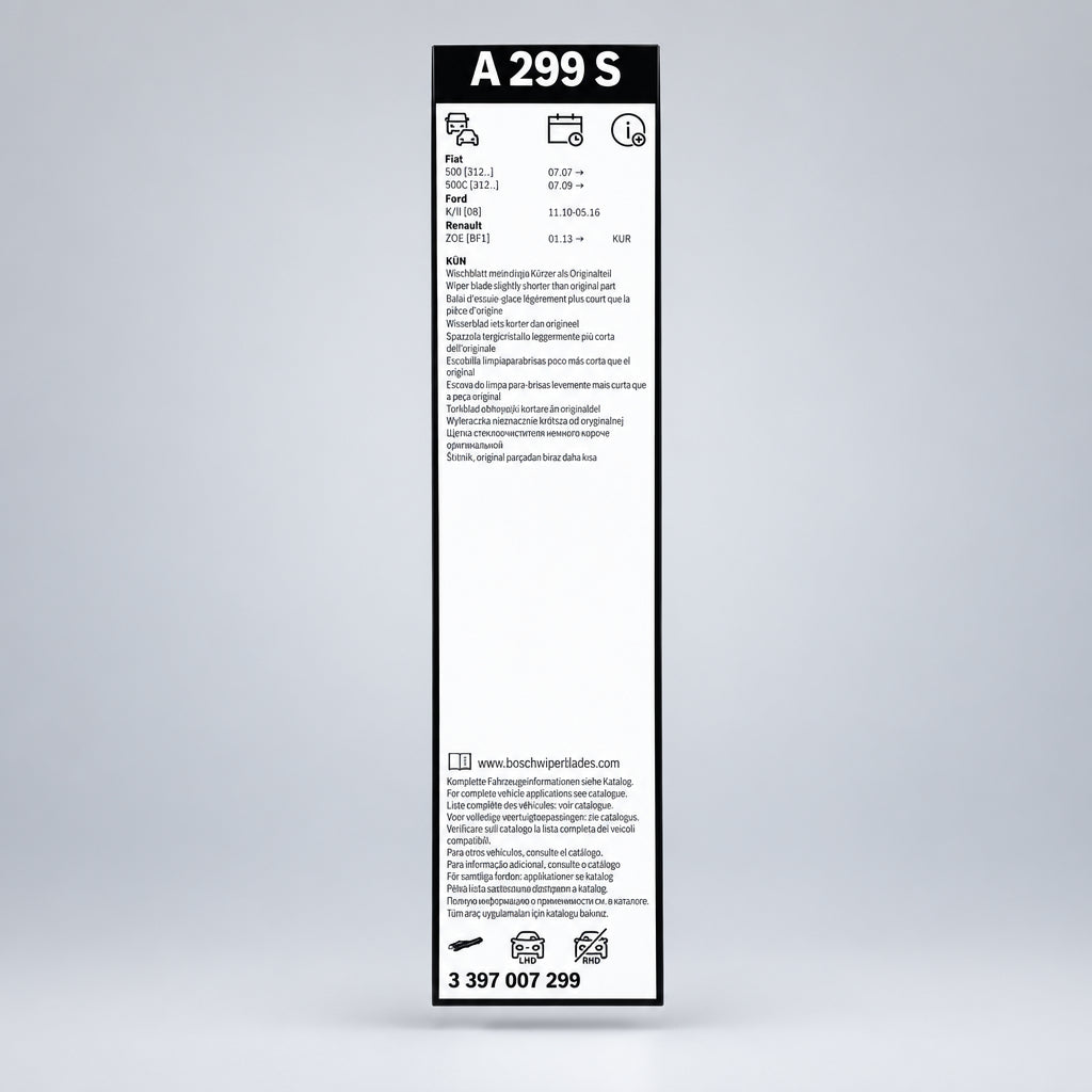 Spatele ambalajului Bosch Aerotwin A299S cu informații de compatibilitate 