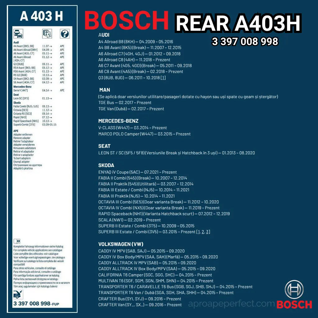 Bosch A403H - Lista compatibilități