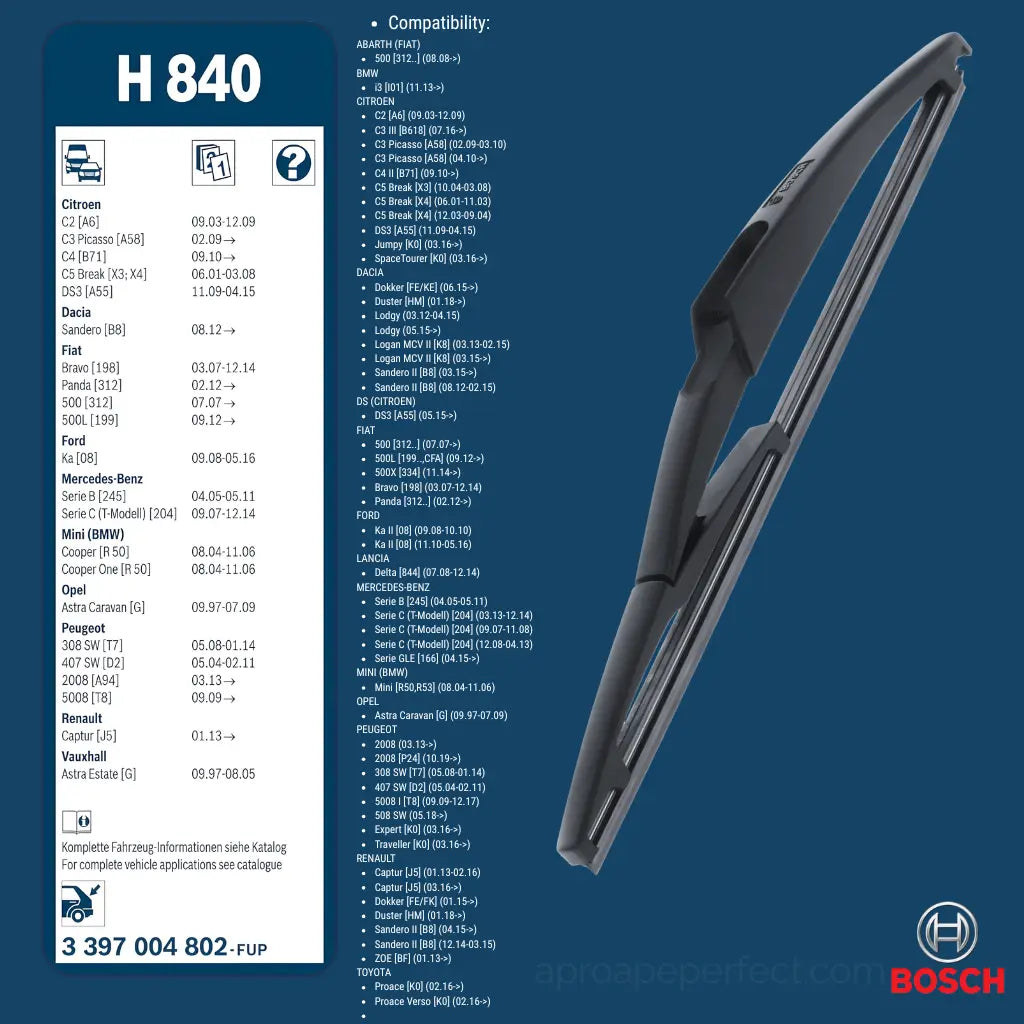 Covorase auto tip tavita dedicate pentru Ștergător Lunetă Bosch Rear H840 – ABARTH 500 [312] 2008+ – 290 mm - cauciuc antiderapant, usor de curatat