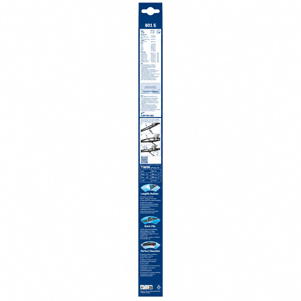 Latura ambalajului Bosch Twin Spoiler 801S, cu instrucțiuni ilustrate de montaj