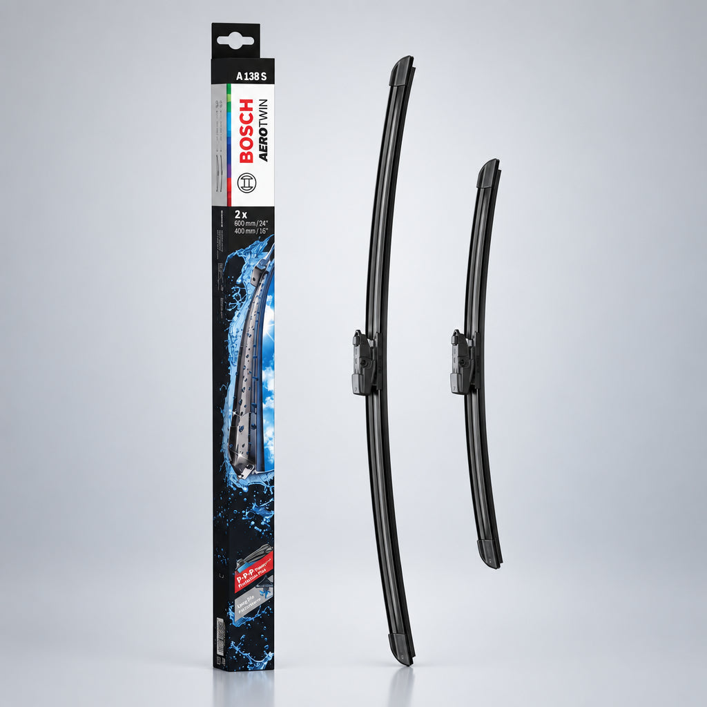 Set Bosch Aerotwin A138S cu două lamele de 600 și 400 mm lângă ambalaj