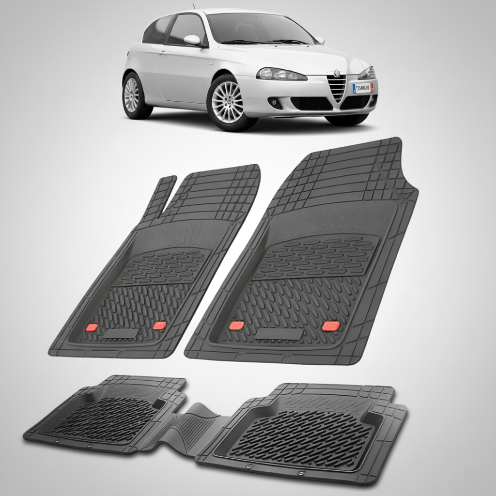 set de covorase din cauciuc negre cu o alfa romeo 147 hatchback gri in fundal