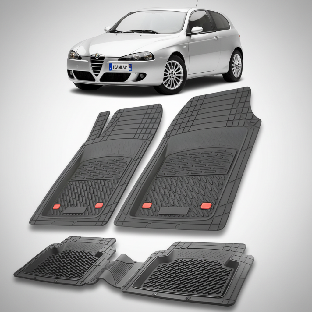 set de covorase din cauciuc negre cu o alfa romeo 147 hatchback argintiu in fundal