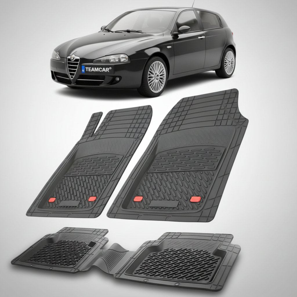 set de covorase din cauciuc negre cu o alfa romeo 147 hatchback negru in fundal