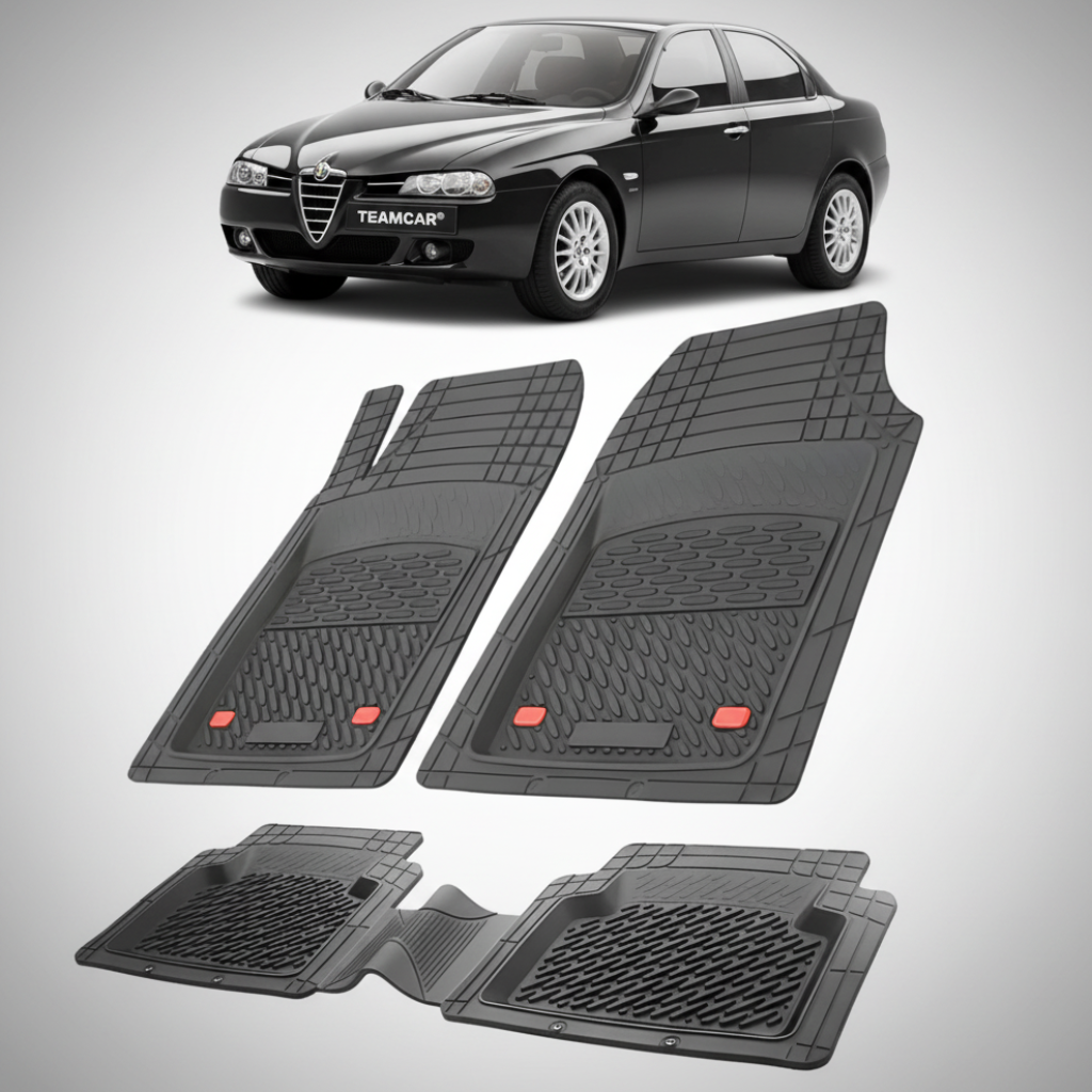 set de covorase din cauciuc negre cu o alfa romeo 156 neagra in fundal