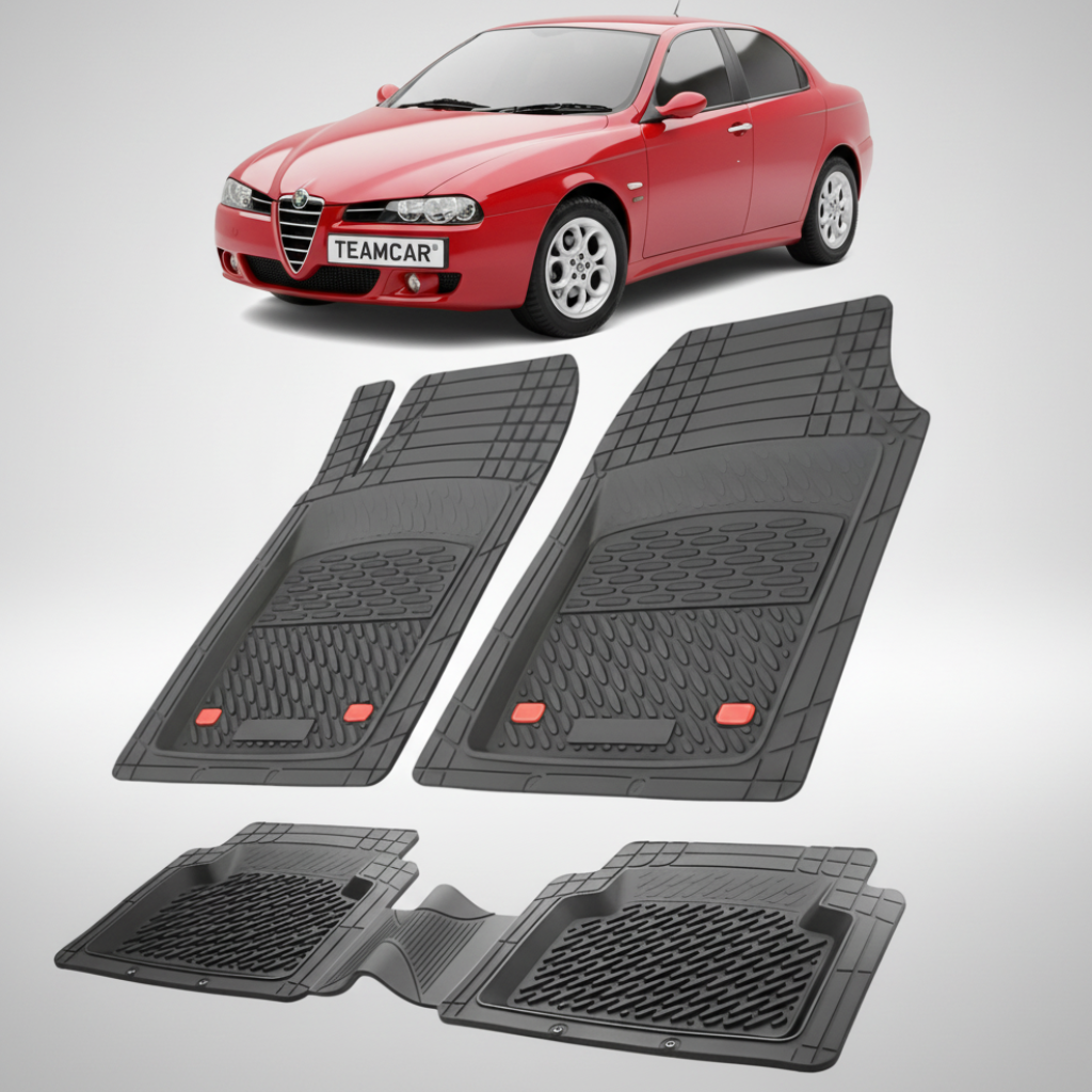 set de covorase din cauciuc negre cu o alfa romeo 156 rosie in fundal