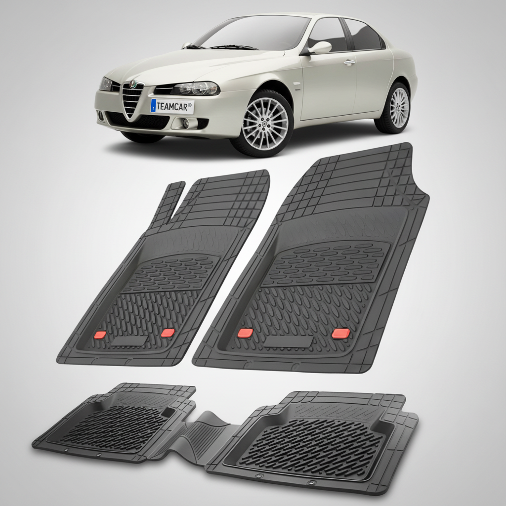 set de covorase din cauciuc negre cu o alfa romeo 156 sedan bej in fundal