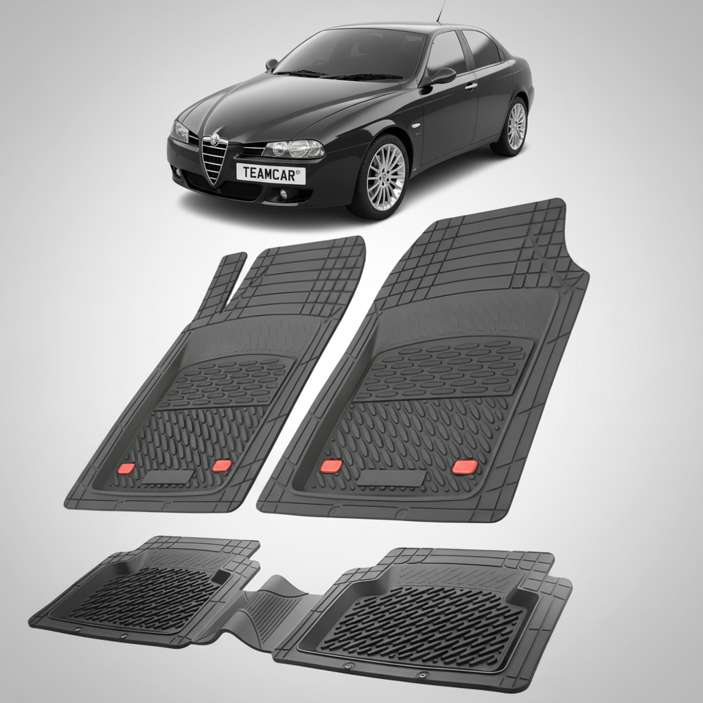 set de covorase din cauciuc negre cu o alfa romeo 156 sedan negru in fundal