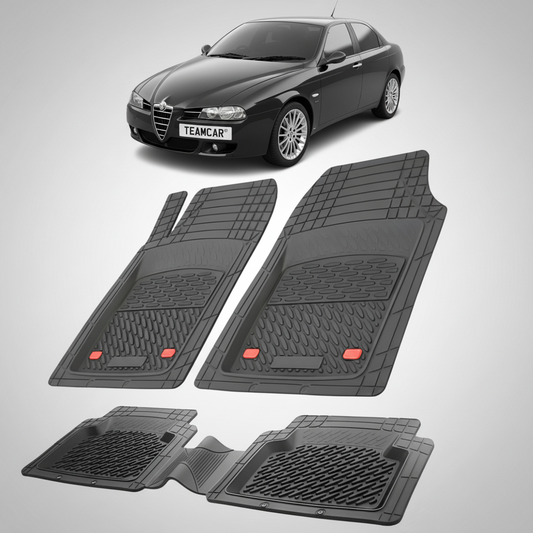set de covorase din cauciuc negre cu o alfa romeo 156 sedan negru in fundal
