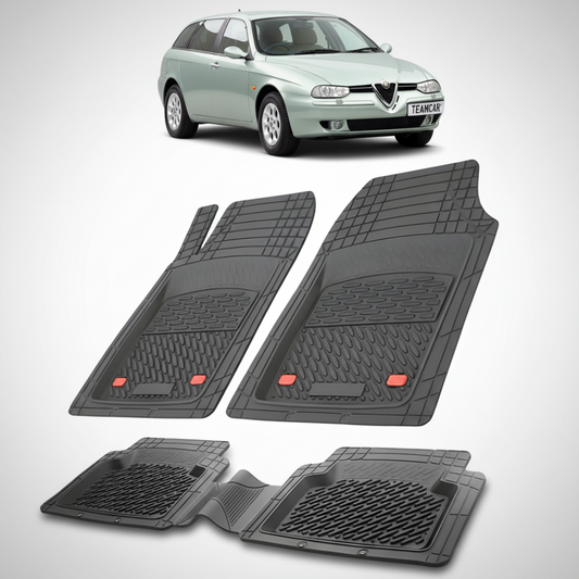 set de covorase din cauciuc negre cu o alfa romeo 156 sportwagon gri in fundal