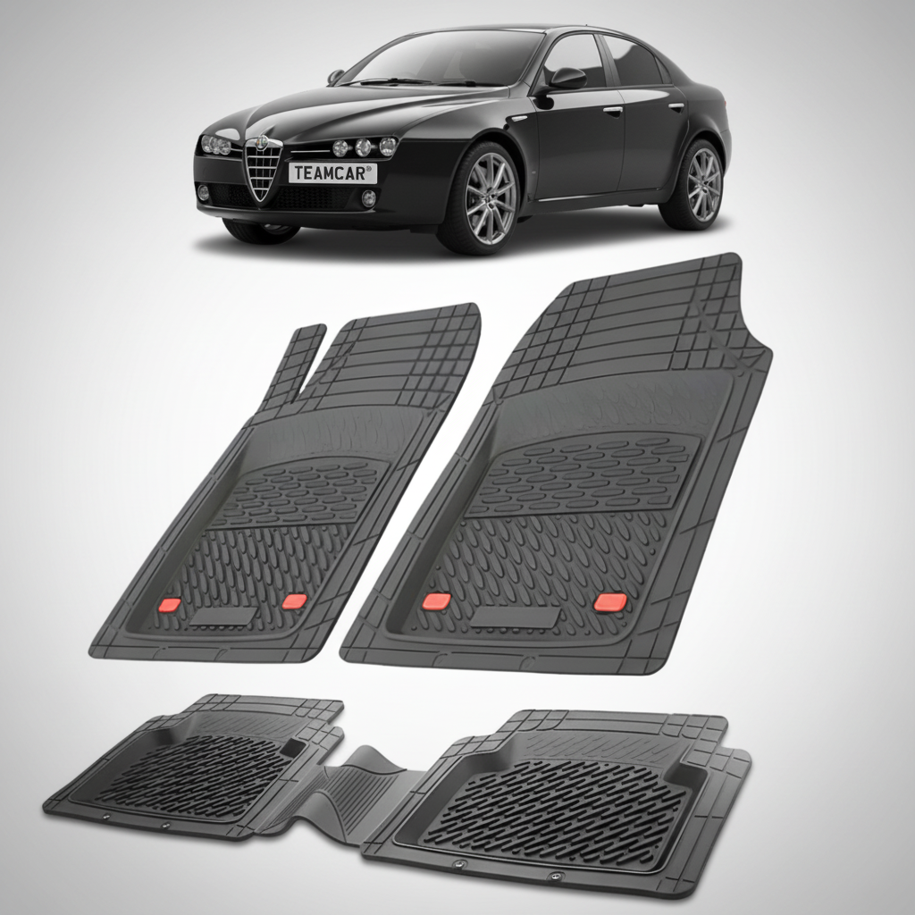 set de covorase din cauciuc negre cu o alfa romeo 159 sedan neagra in fundal